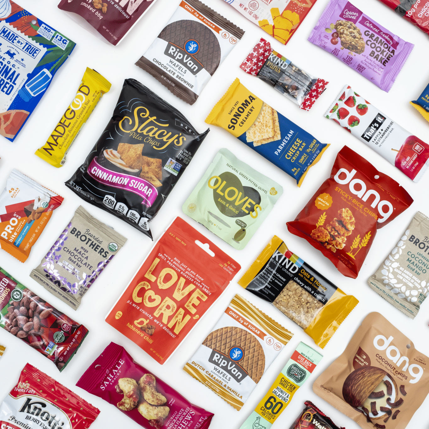 Flat lay ptwmt snacks, variety of product options, packaged snacks